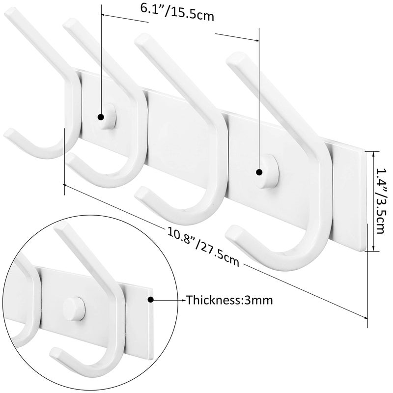 WEBI Coat Rack Wall Mounted,Coat Hooks Wall Mount,Coat Hanger Wall Hook Rack,4 Hooks for Hanging Coats,Hats,Jacket,Clothes,White,2 Packs - Image 2